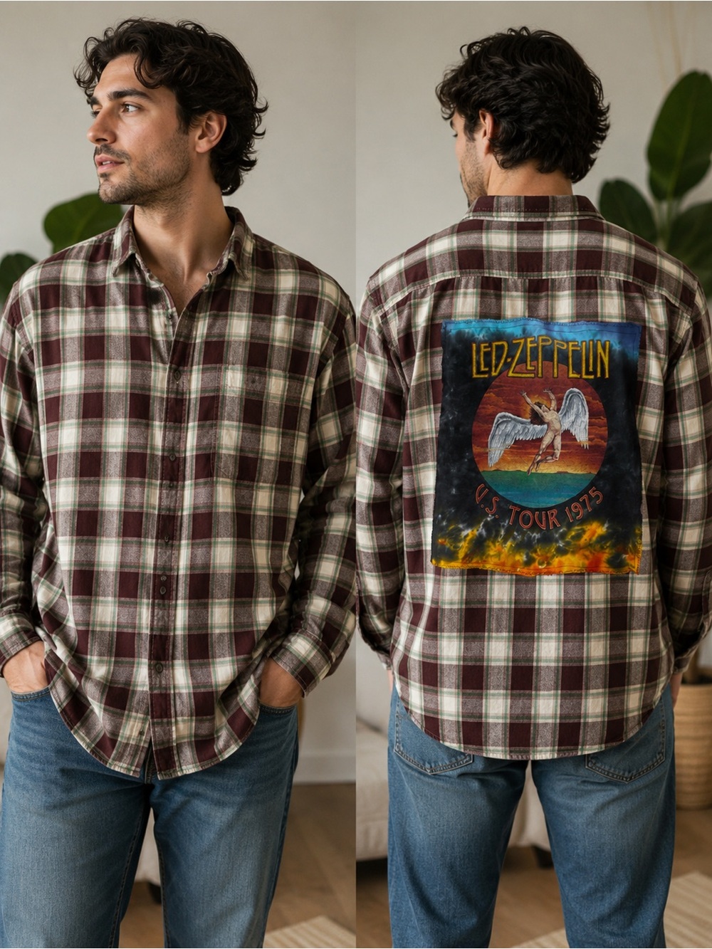 Abercrombie & Fitch Upcycled Led Zeppelin Flannel Men’s XL Brown, Beige Cotton - Picture 2 of 10